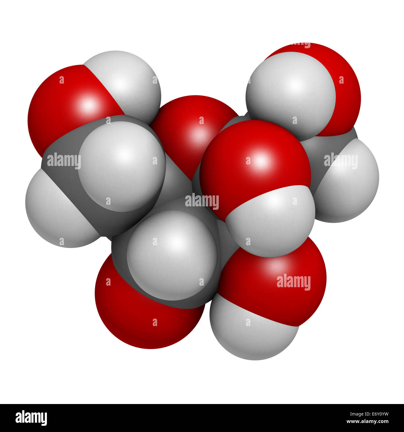 Fructose (D-fructose) fruit sugar molecule. Component of high-fructose corn syrup (HFCS). Atoms are represented as spheres with  Stock Photo