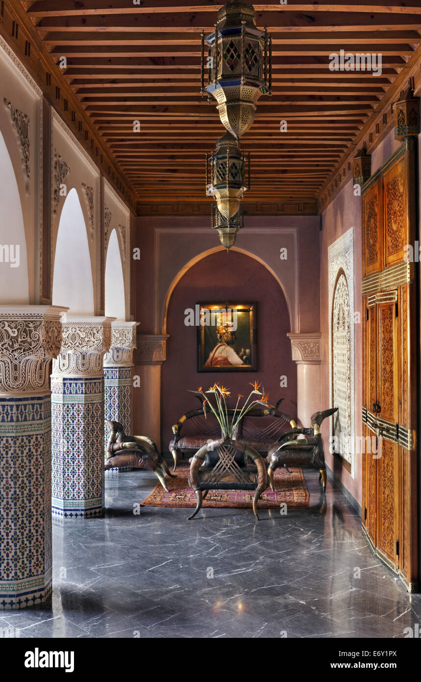 Sitting area in the Sheherazade courtyard, La Sultana, Marrakech, Morocco Stock Photo