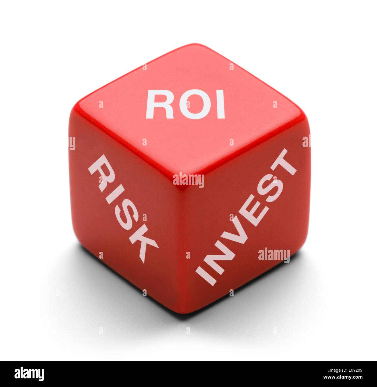 Red Dice with Risk, Invest and ROI on it Isolated on White Background. Stock Photo