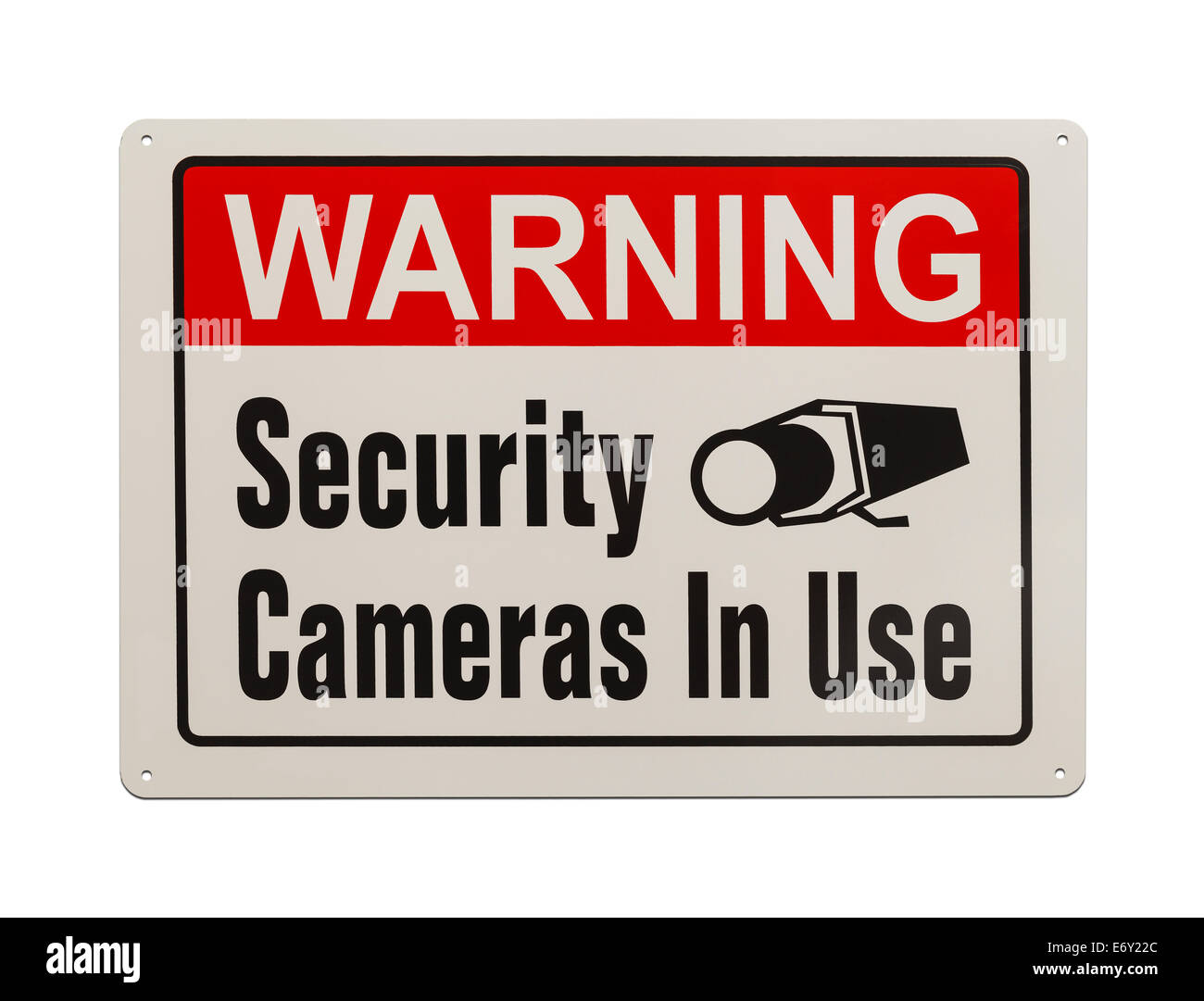 Red, Black and White, Warning Security Camera Sign Isolated on White Background. Stock Photo