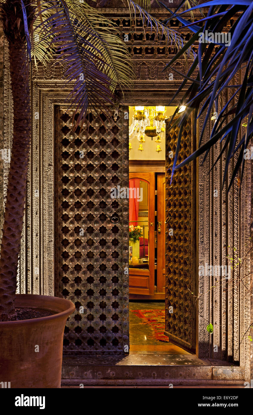300-year-old door to Guest Room Calyana, Riad Enija, Marrakech, Morocco Stock Photo