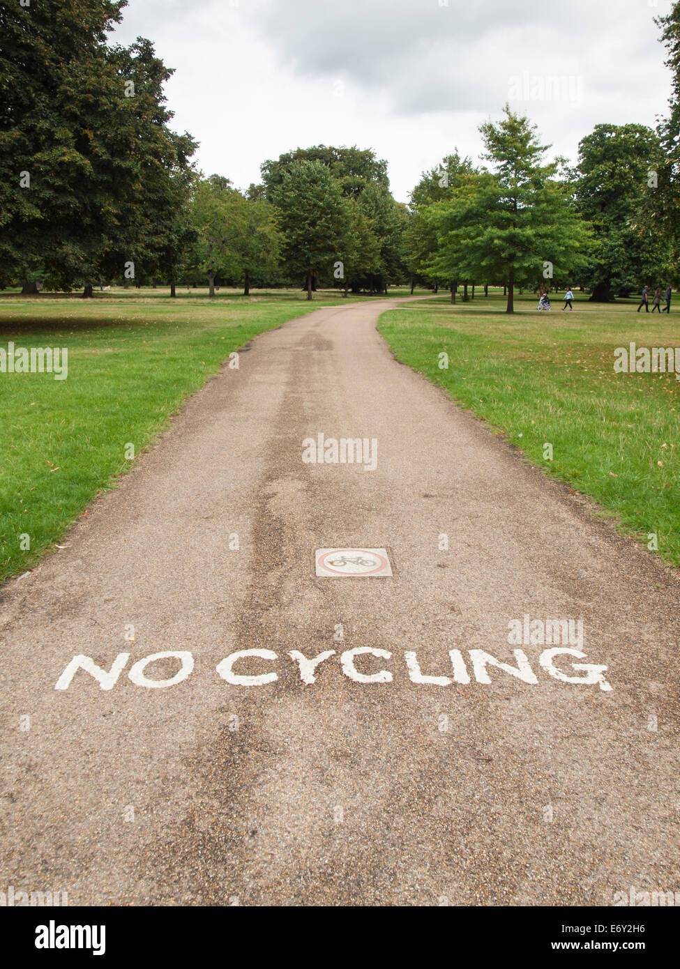a wide path carrying the text 'no cycling' through a leafy green london park in summer Stock Photo