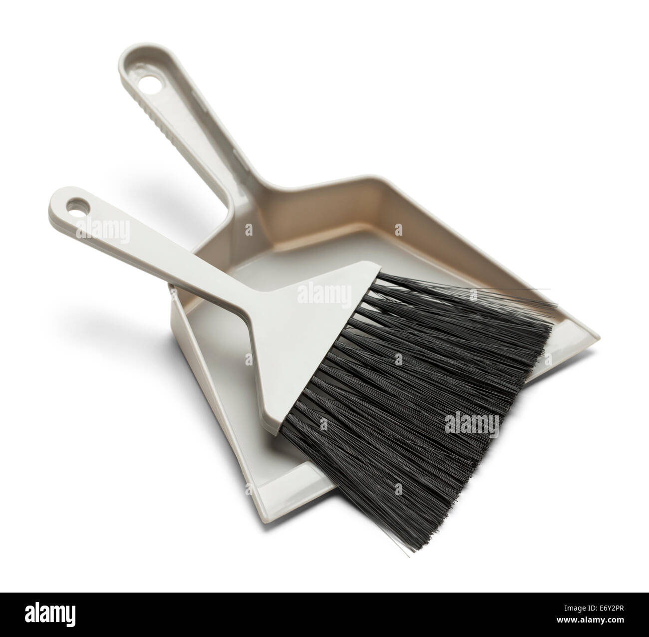 Grey Plastic Broom with Dust Pan Isolated on White Background. Stock Photo
