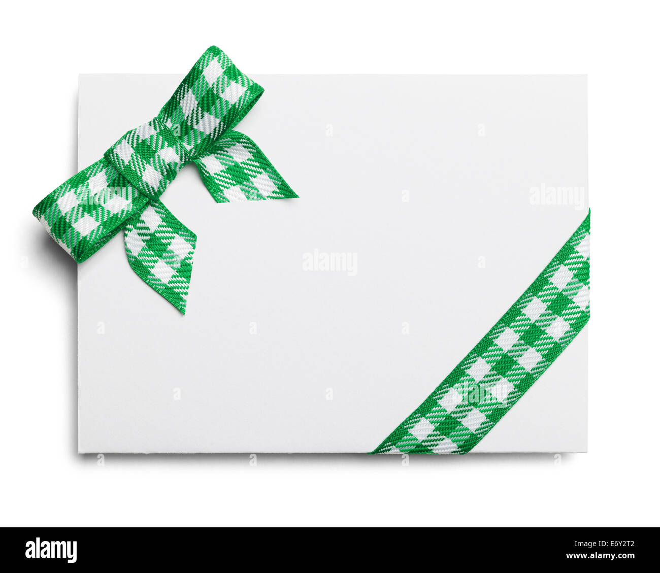 Blank Card with Copy Space and Green Ribbon with Bow Isolated on White Background. Stock Photo