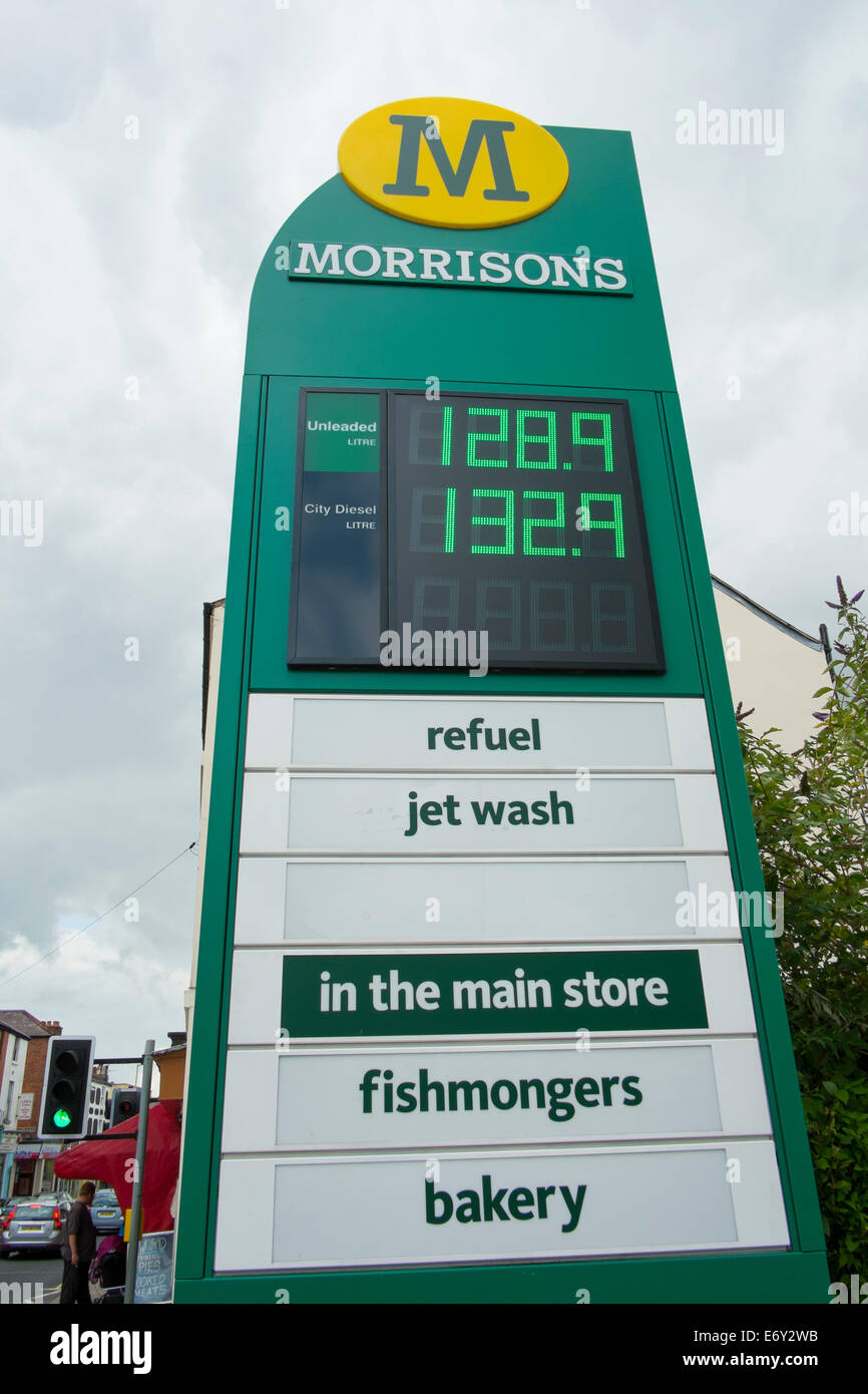 Morrisons petrol station display board. Stock Photo