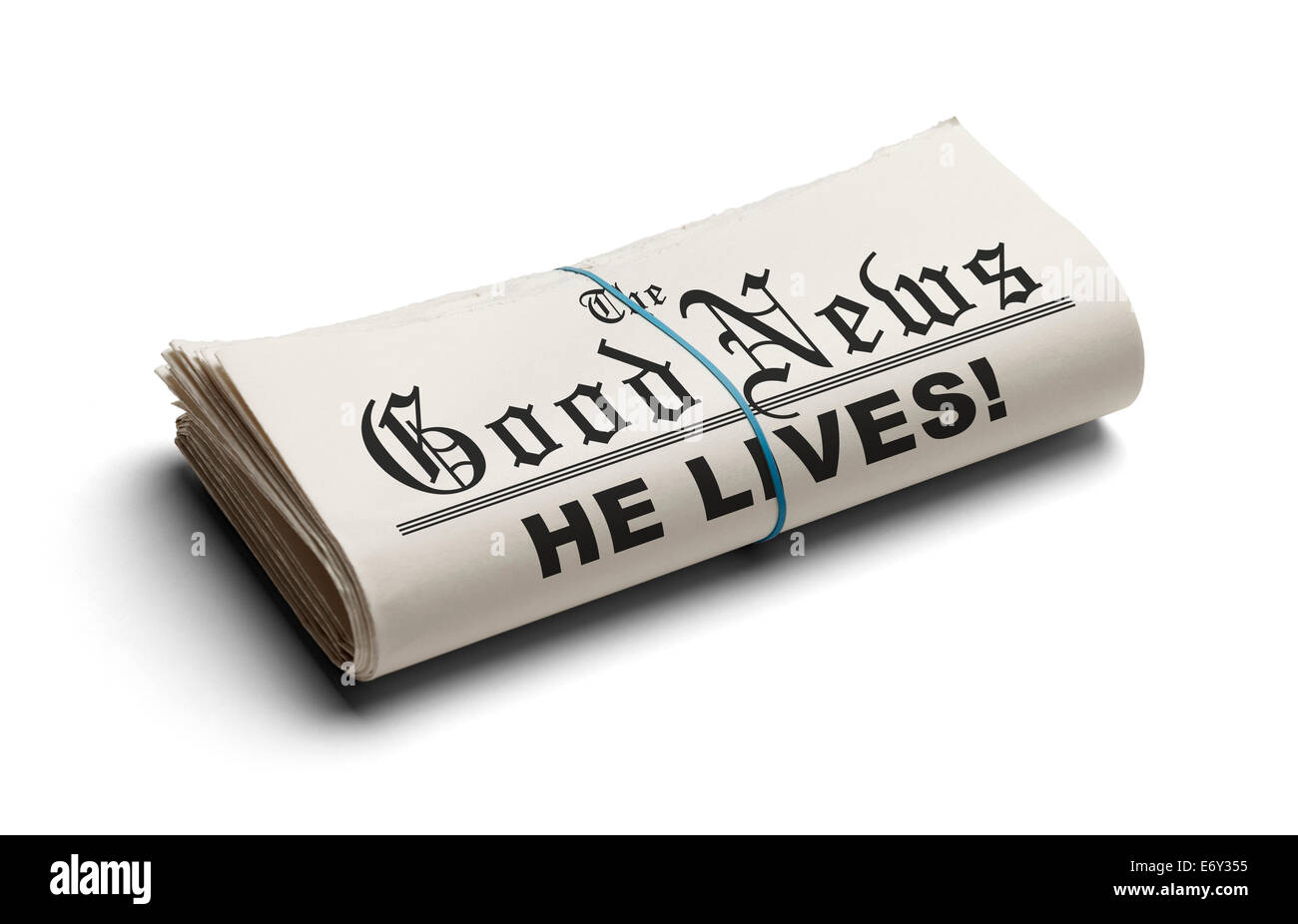 Newspaper With The Good News and the Headline He Lives printed on it Isolated On White Background. Stock Photo