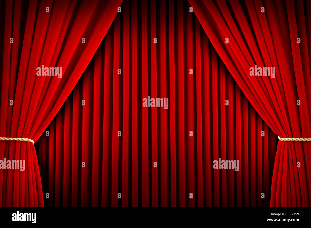 Red Velvet Theater Curtains Pulled open With Backdrop. Stock Photo