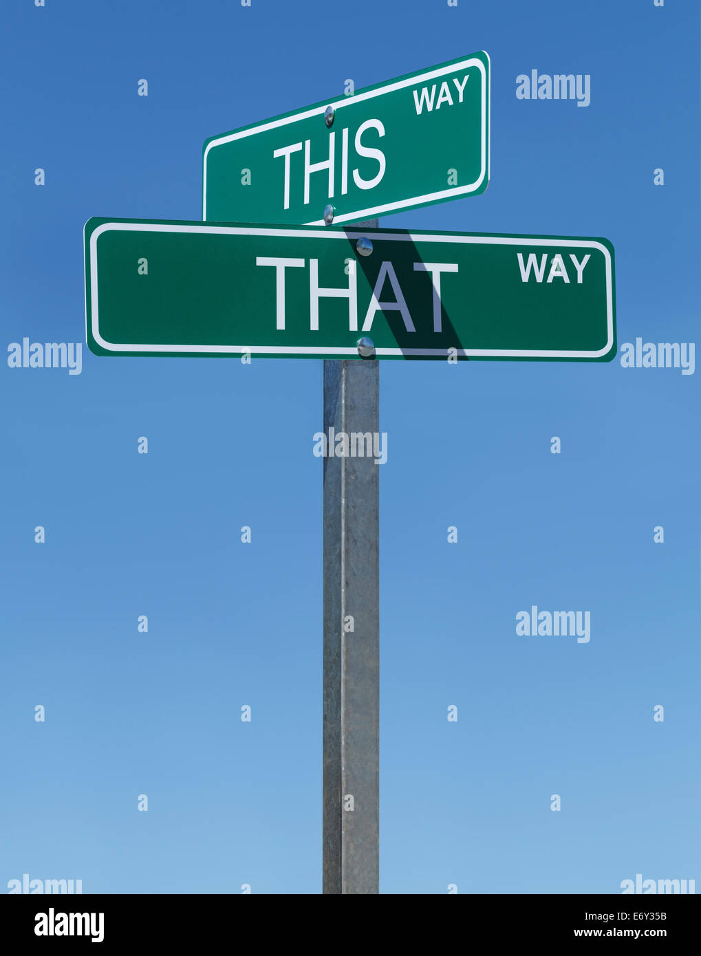 This Way and That Way Street Signs with Blue Sky Background. Stock Photo
