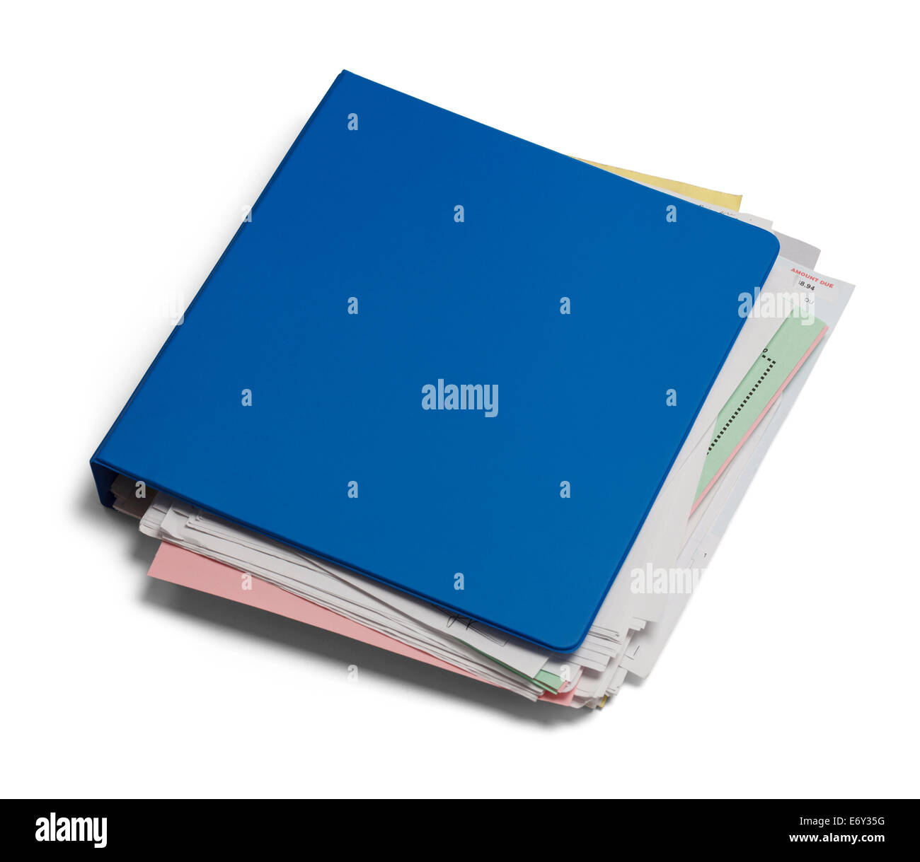 Blue Binder with Messy Papers Isolated on White Background. Stock Photo