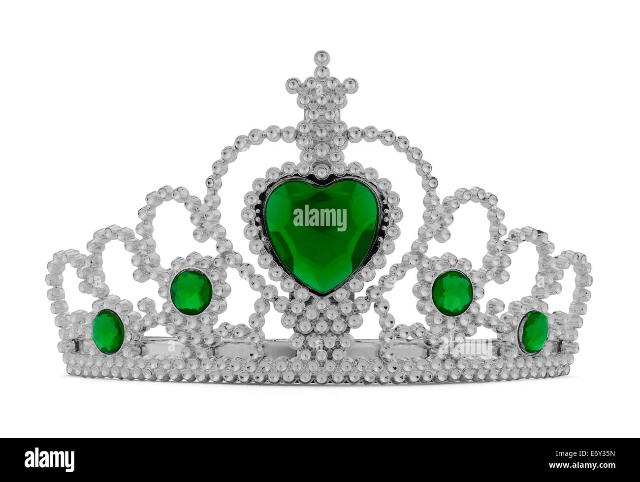 Girls Silver Tiara Crown with Green Heart Isolated on White Background. Stock Photo