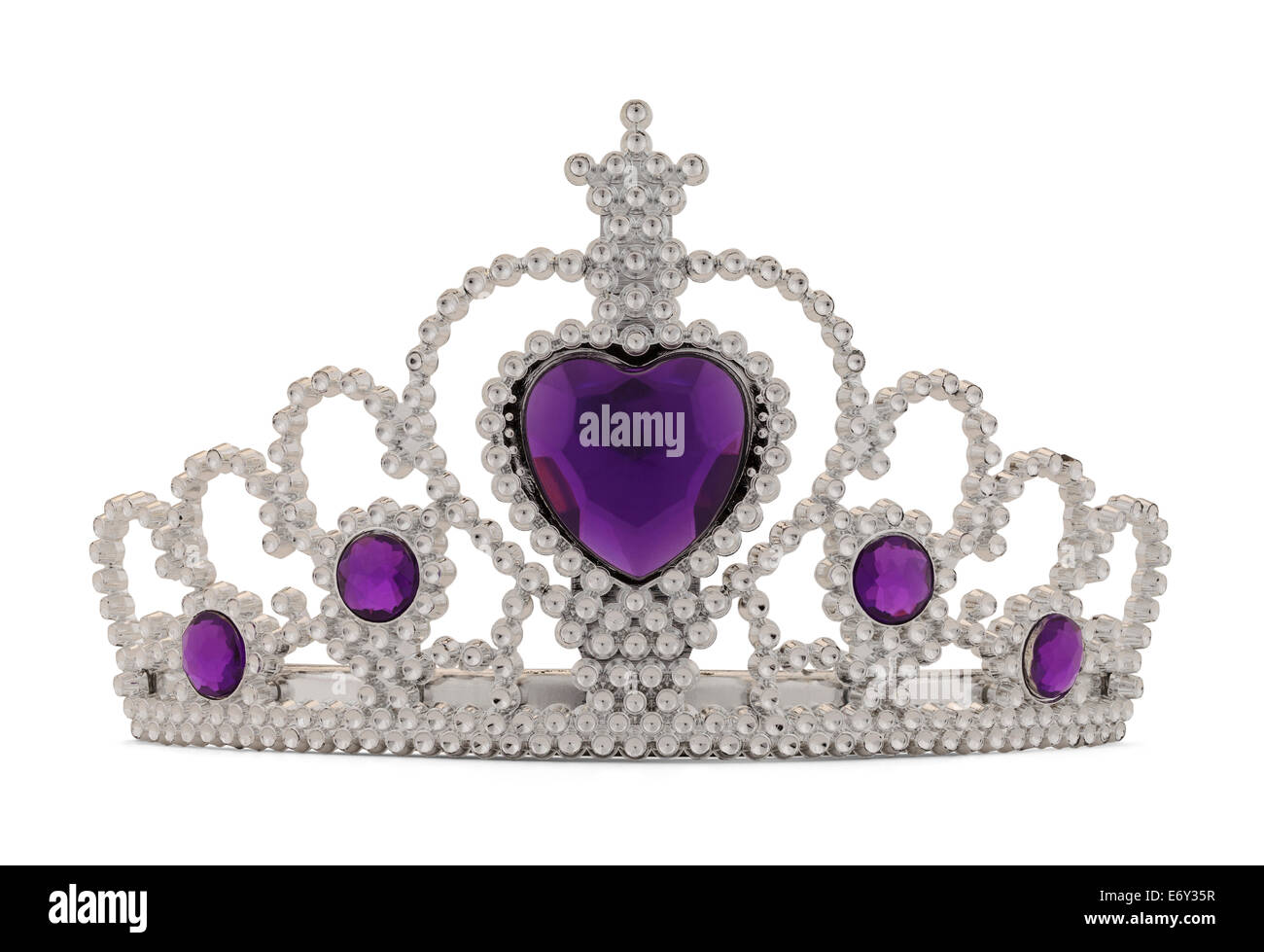 Girls Silver Tiara Crown with Purple Heart Isolated on White Background. Stock Photo