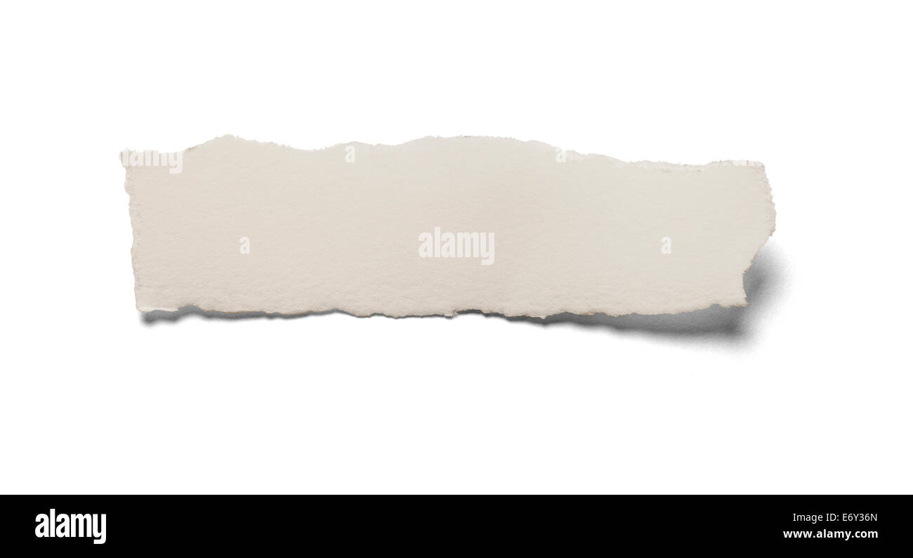 Ripped piece of white paper with torn edges isolated on a white background. Stock Photo