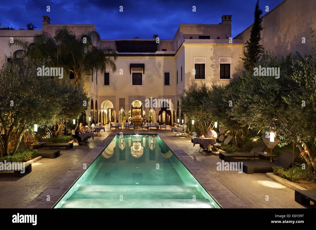 Pool in the evening light, Villa des Orangers, Marrakech, Morocco Stock Photo