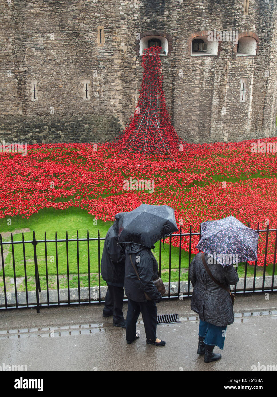tourists with umbrellas viewing the ceramic poppies exhibit  at the tower of london during heavy rain. Stock Photo