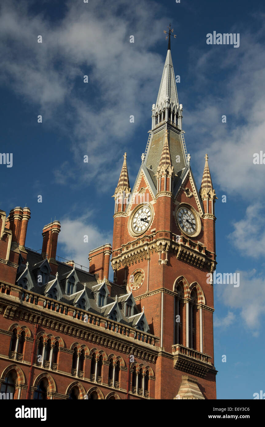 Architecture. The grandiose Victorian clock tower of St Pancras station in London. Designed by Sir George Gilbert Scott and completed in 1868. England Stock Photo