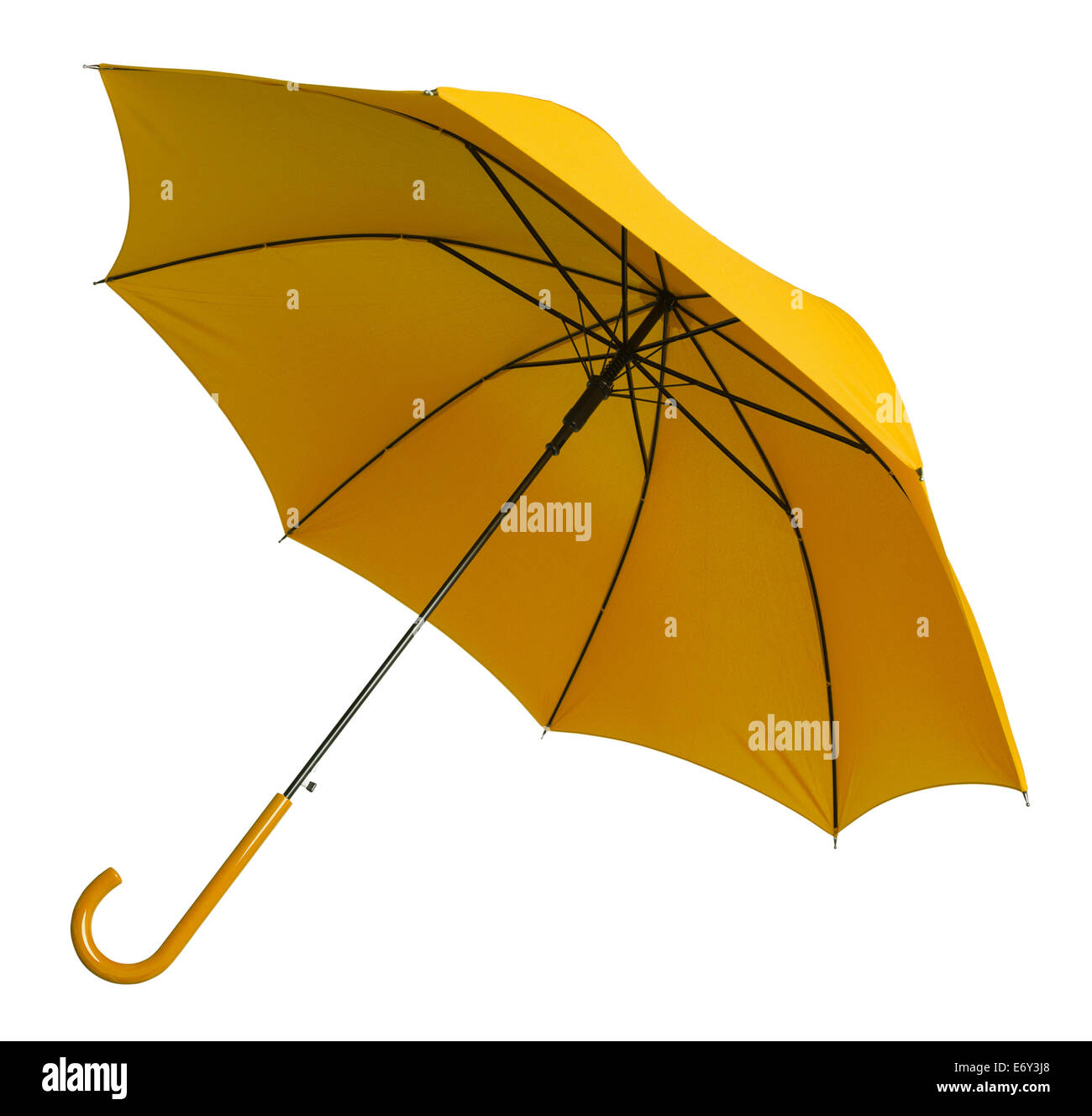 Bright Yellow Umbrella Tilted Isolated on White Background. Stock Photo