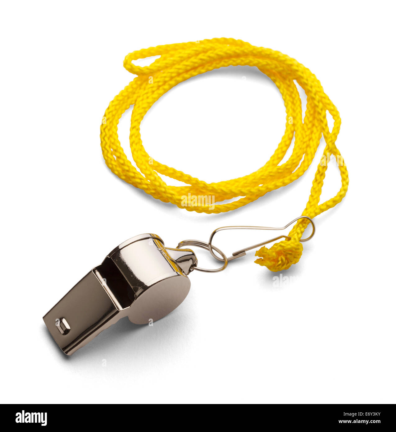 Classic Coaches Whistle, Crome With Yellow Cord on Isolated White Background. Stock Photo