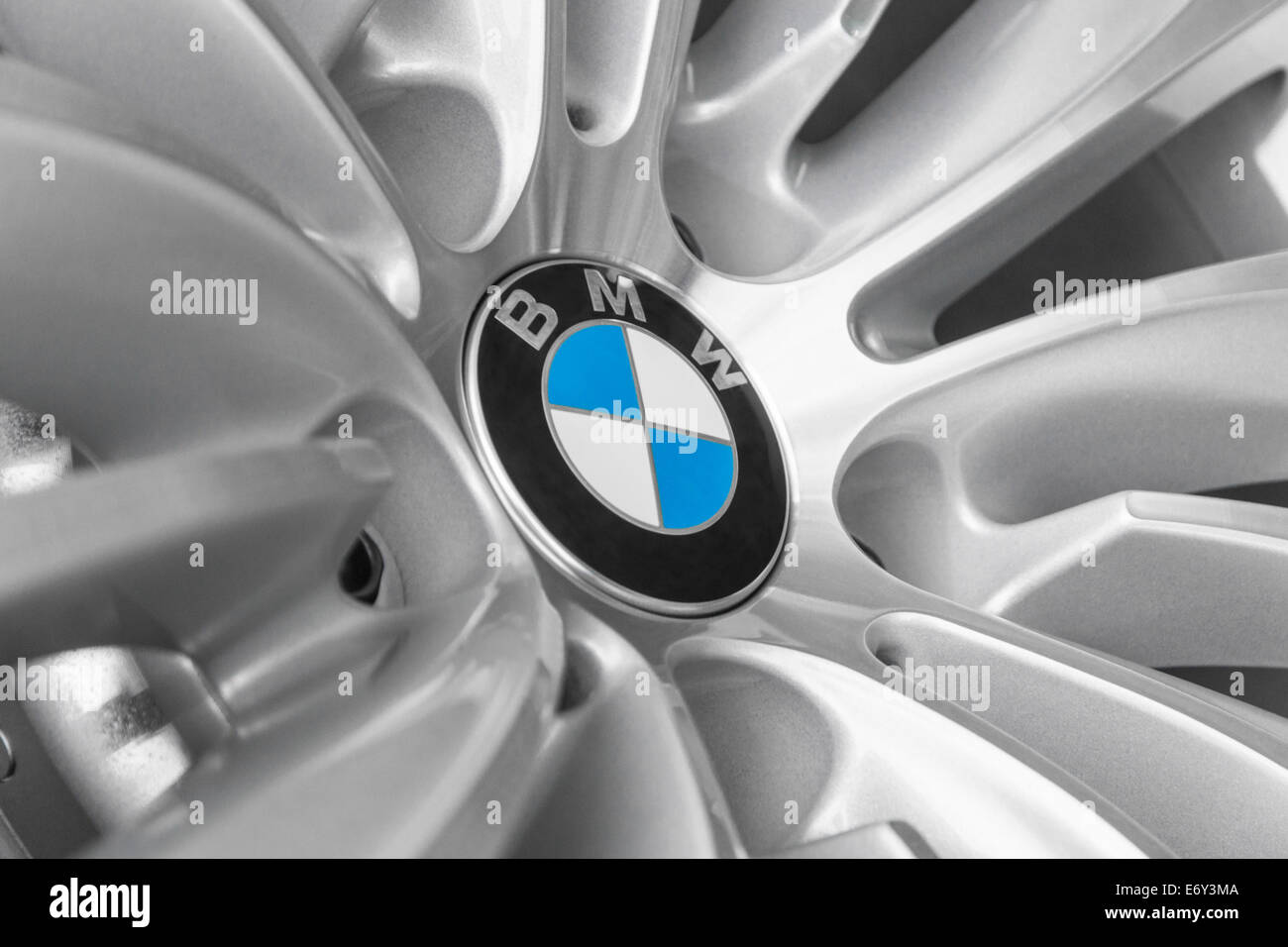 MUNICH, GERMANY - AUGUST 9, 2014: BMW European automobile manufacturer logotype on light alloy new design wheel for modern model Stock Photo