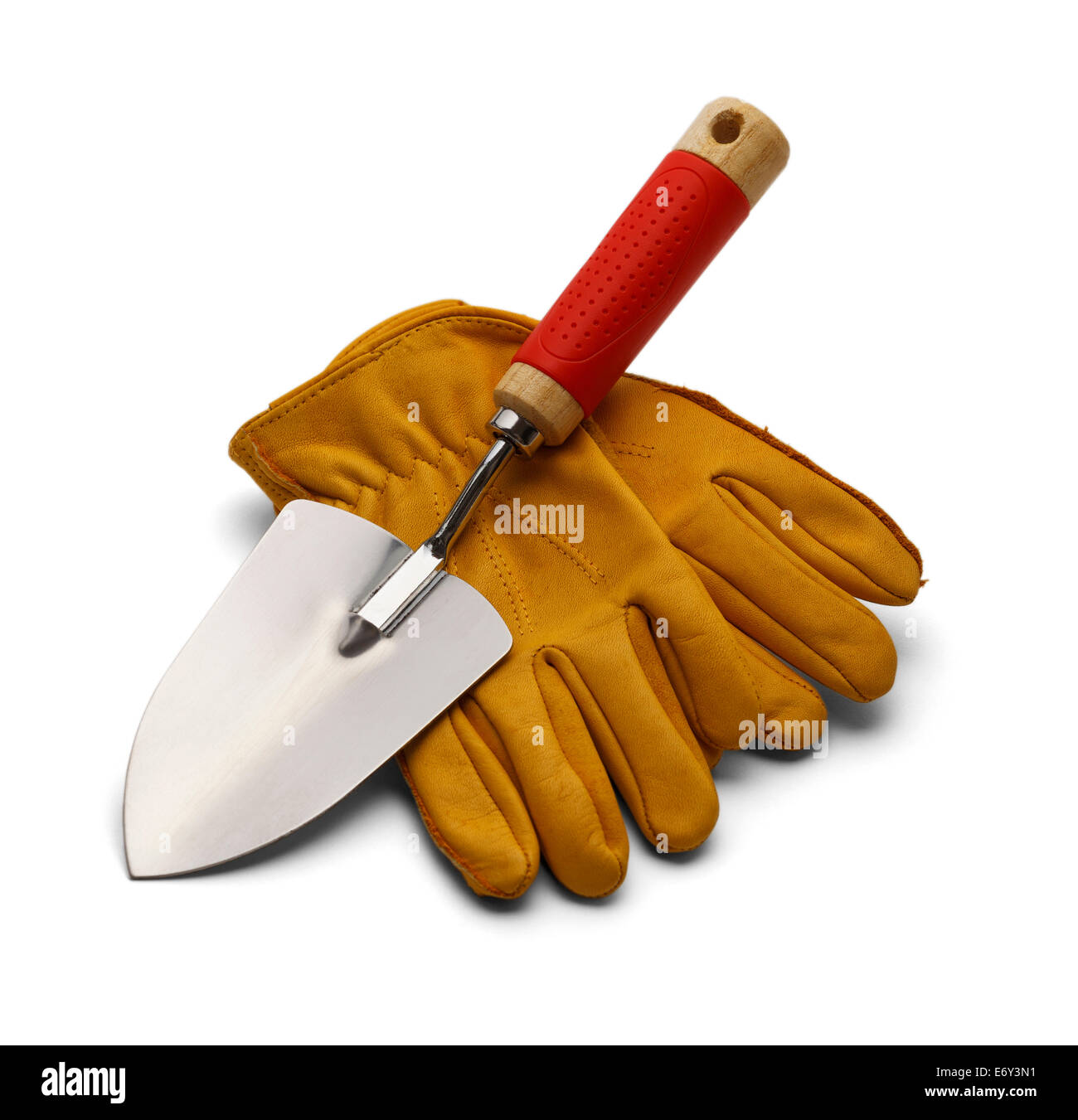 Garden Hand Spade with Yellow Leather Gloves Isolated on White