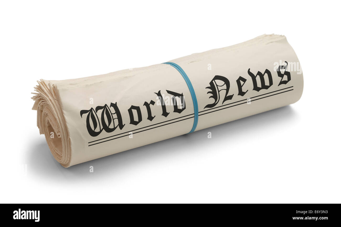Large Rolled News Paper with World News on it Isolated on White Background. Stock Photo