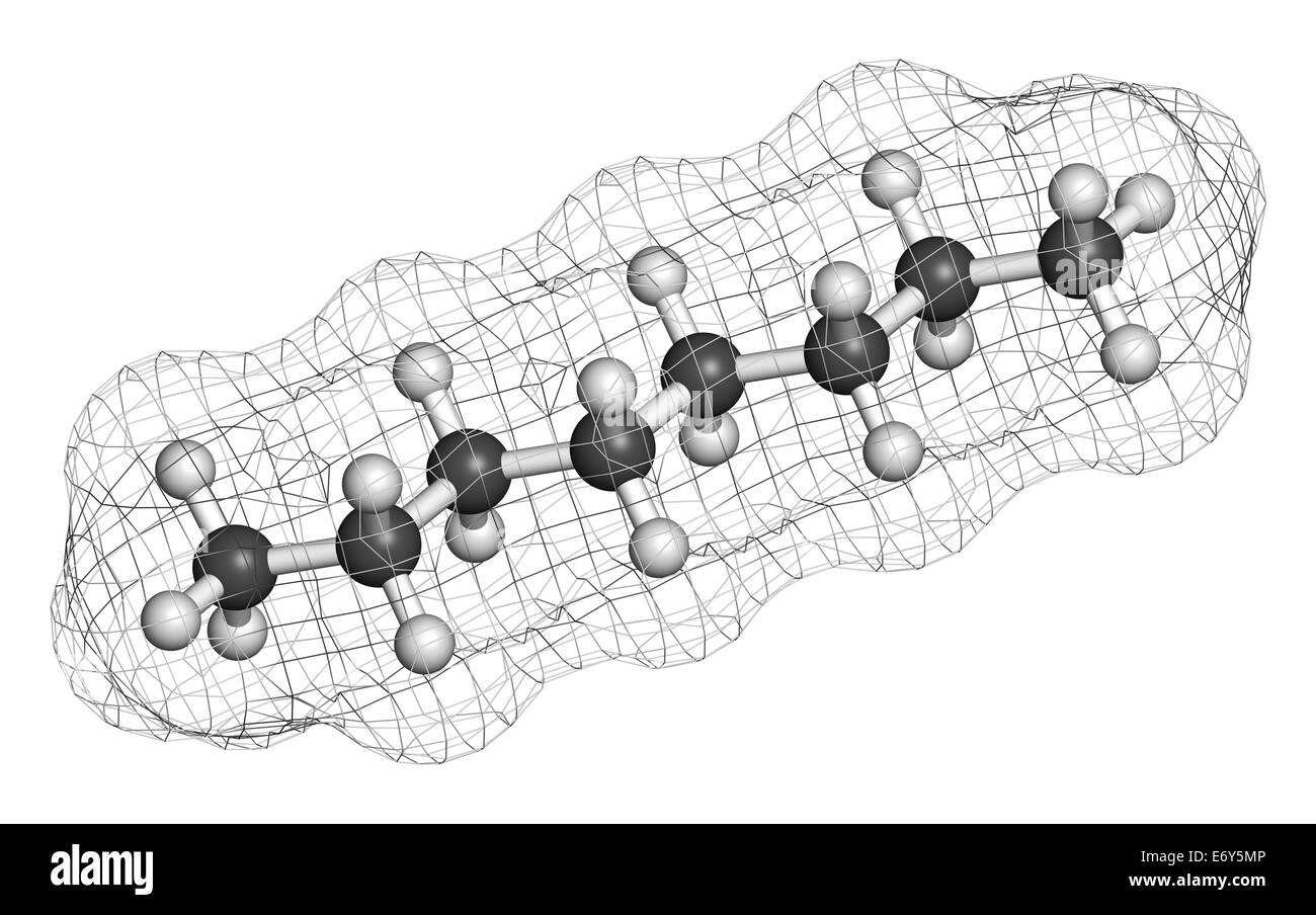 Octane hydrocarbon molecule. Component of petrol (gasoline). Atoms are