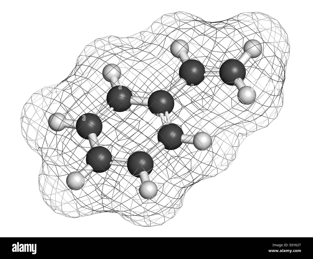 Styrene (ethenylbenzene, vinylbenzene, phenylethene) polystyrene building block molecule. Atoms are represented as spheres with  Stock Photo
