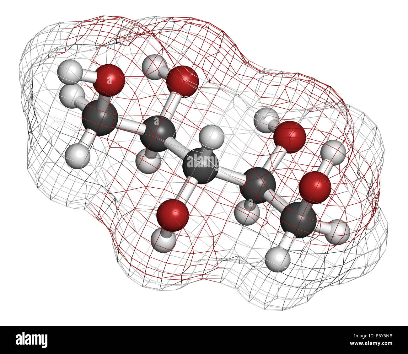 Xylitol artificial sweetener molecule. Used as sugar substitute. Atoms are represented as