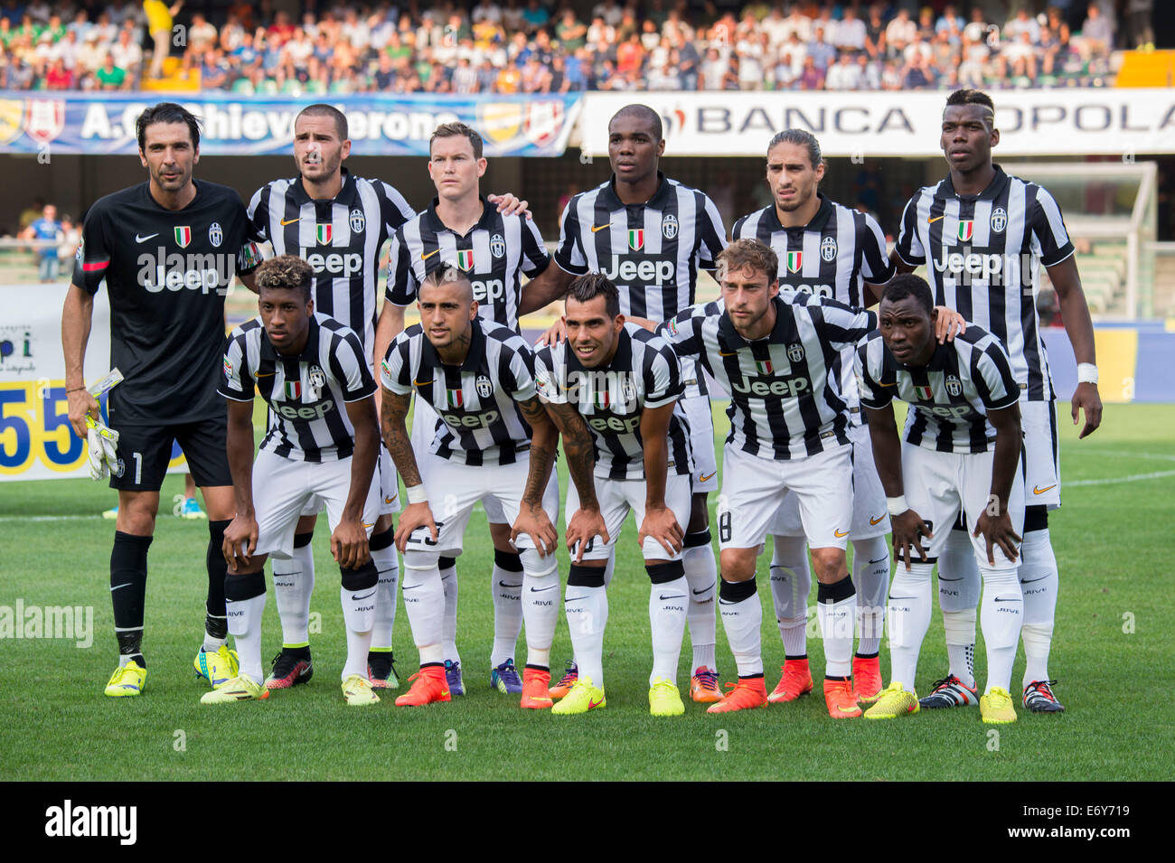 Juventus team group line-up, AUGUST 30, 2014 - Football / Soccer : Juventus team group (L-R) Gianluigi Buffon, Leonardo Bonucci, Stephan Lichtsteiner, Angelo Ogbonna, Martin Caceres, Paul Pogba, front; Kingsley Coman, Arturo Vidal, Carlos Tevez, Claudio Marchisio, Kwadwo Asamoah pose before the Italian 'Serie A' match between Chievo Verona 0-1 Juventus at Stadio Marc'Antonio Bentegodi in Verona, Italy. (Photo by Maurizio Borsari/AFLO) Stock Photo