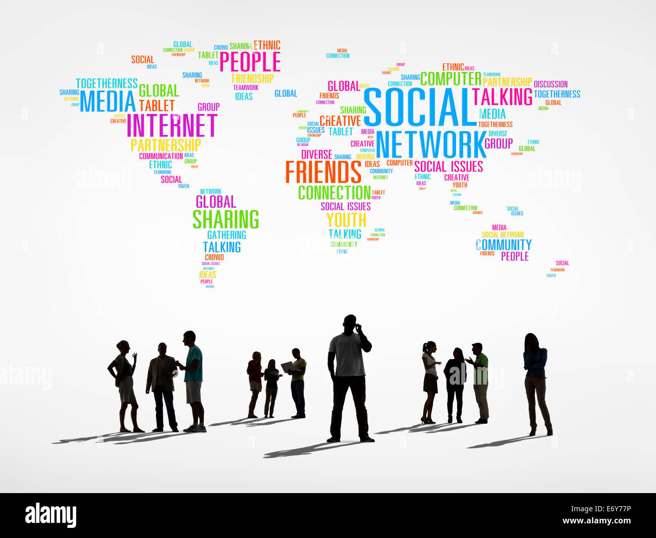Silhouettes of People and Social Networking Related Words Forming the