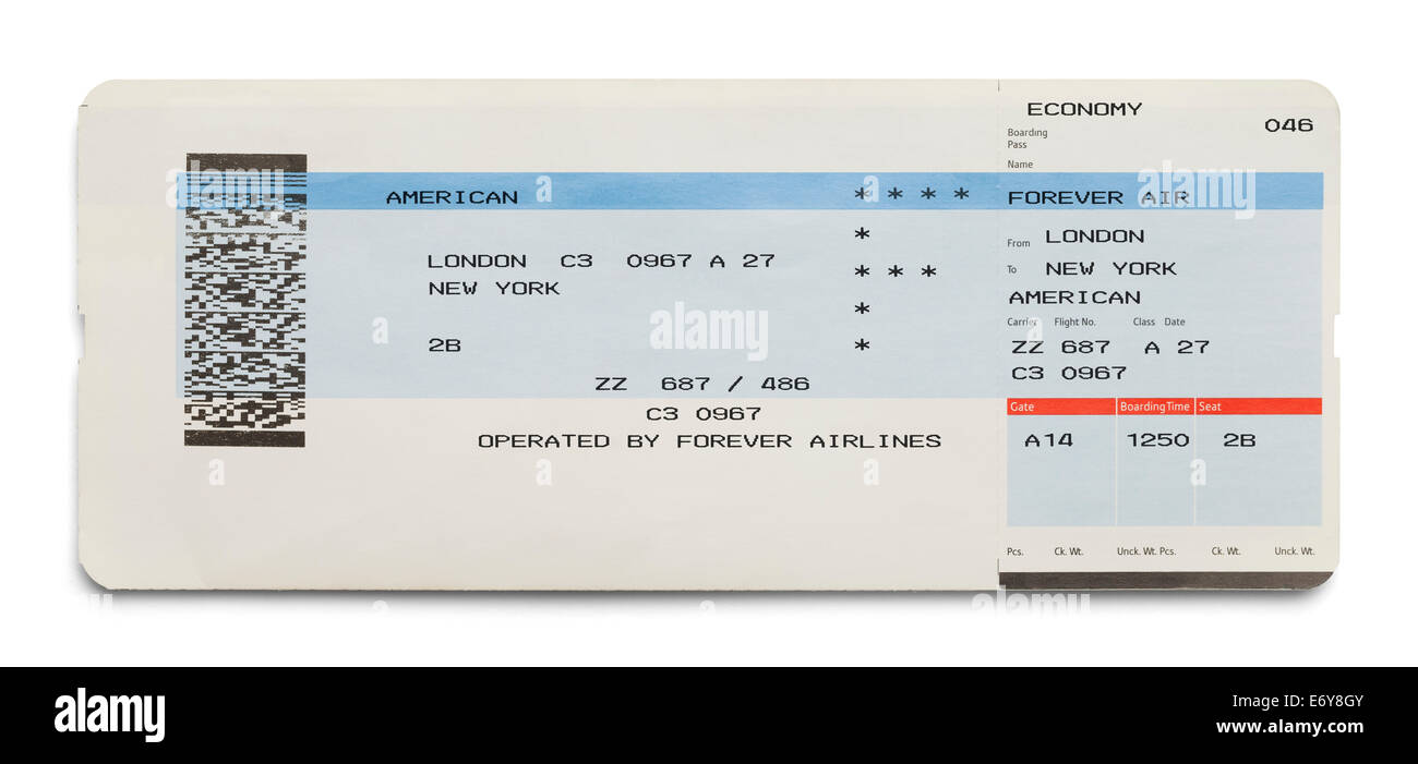 Blue and White London New York Airplane Ticket Isolated on White Background. Stock Photo