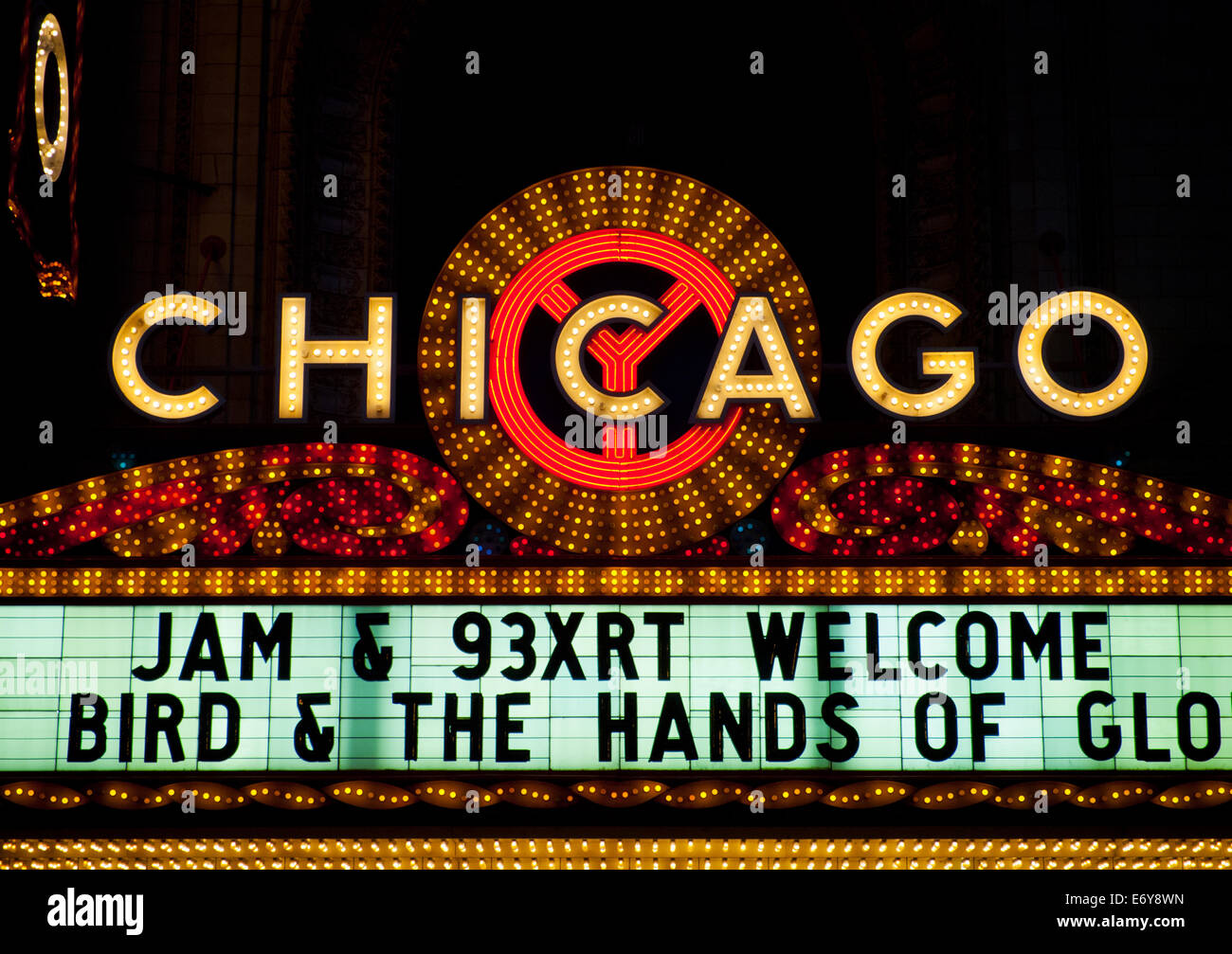 The famous marquee of the Chicago Theatre. Stock Photo