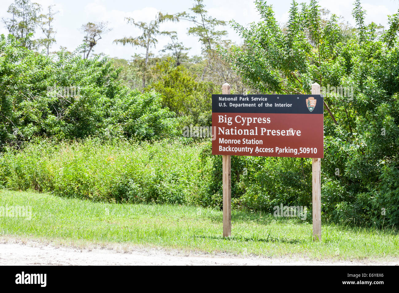 Big Cypress National Preserve Monroe Station back country access parking sign in in the Florida Everglades. Stock Photo