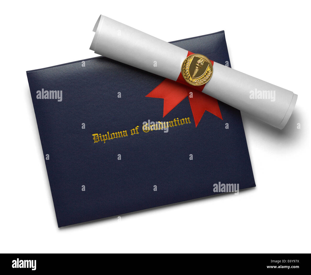 Blue Diploma of Graduation Cover with Degree Scroll and Torch Medal Isolated on White Background. Stock Photo