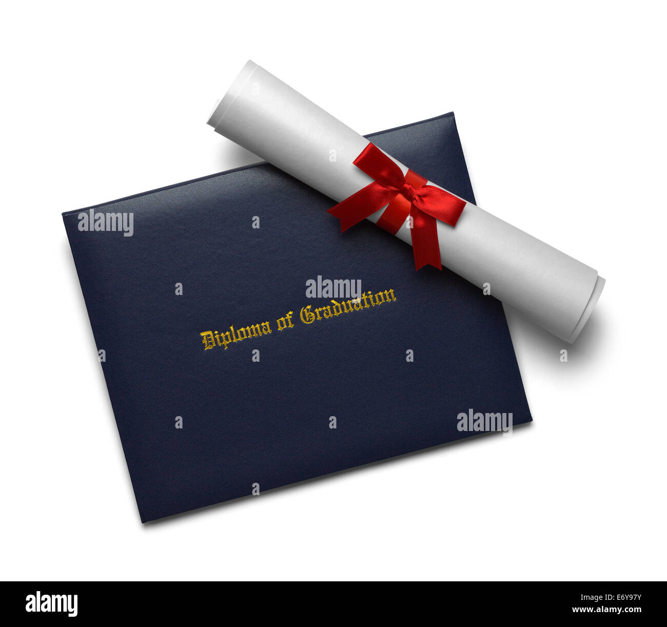 Blue Diploma of Graduation Cover with Degree Scroll Isolated on White Background. Stock Photo