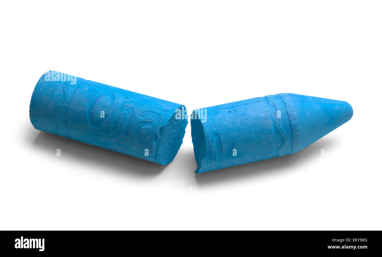 Large Blue Chalk Broken in Half Isolated on White Background. Stock Photo