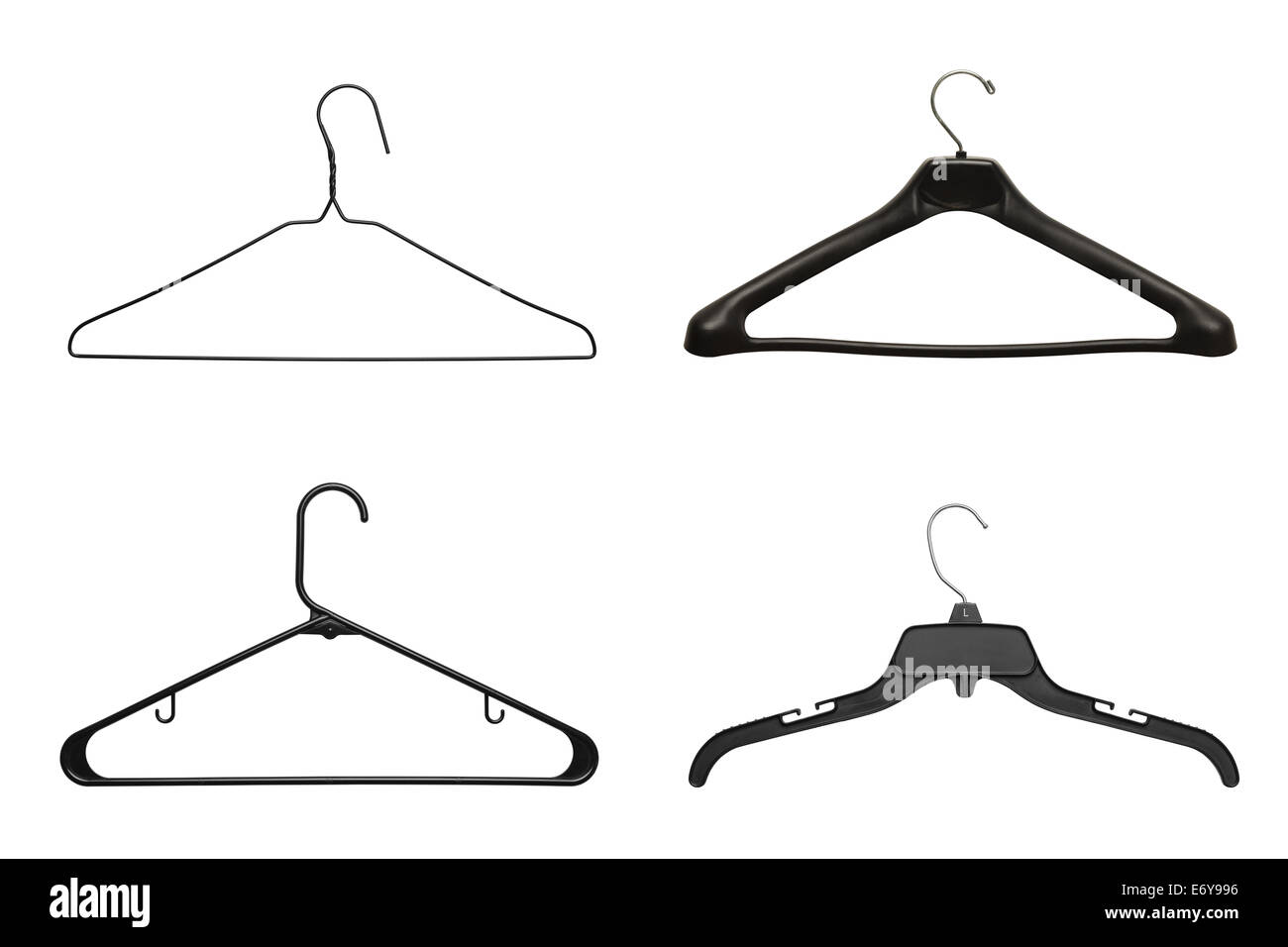 Four Black Clothes Hangers Isolated on White Background. Stock Photo