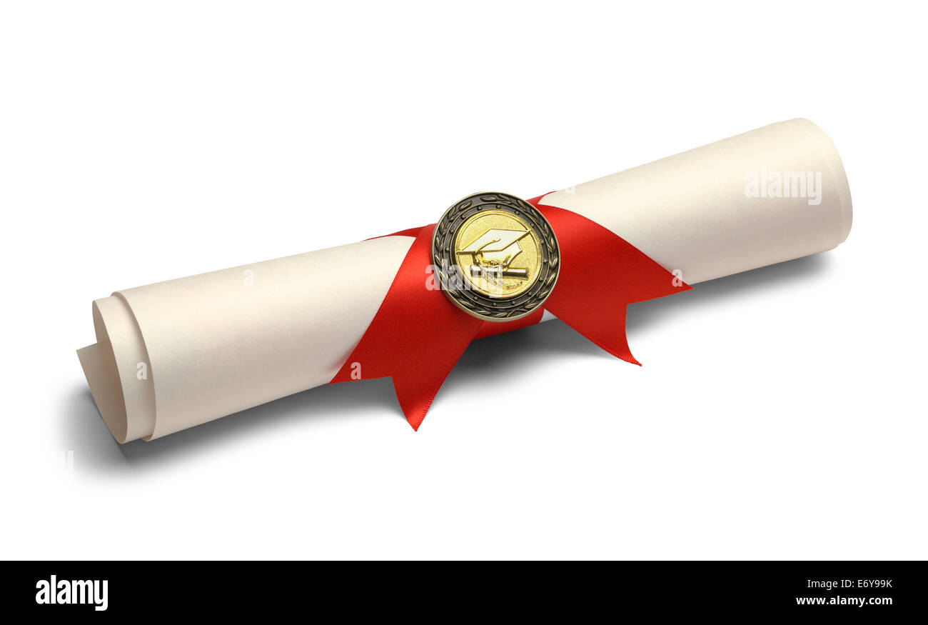 Degree Scroll with Red Ribbon and Diploma Medal Isolated on White Background. Stock Photo