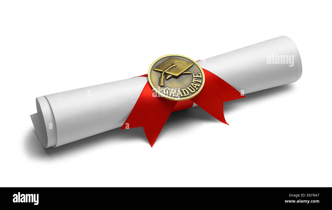 Diploma with Graduate Medal and Red Ribbon Isolated on White Background