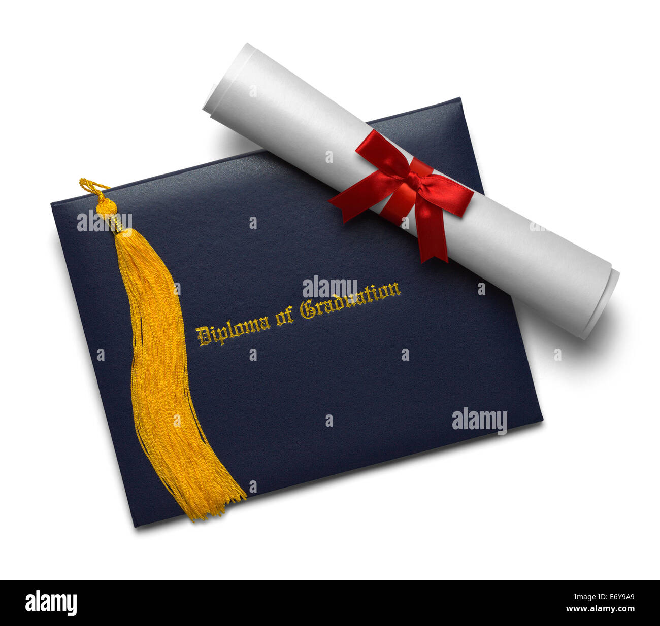 Blue Diploma Cover with Rolled Degree and Gold Tassel Isolated on White Background. Stock Photo