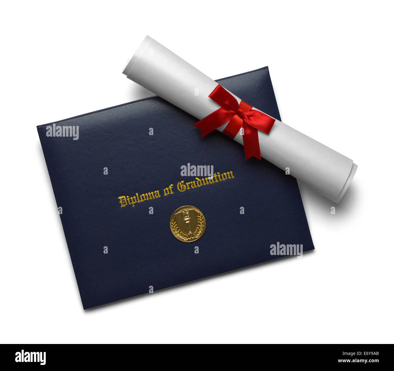 Blue Diploma of Graduation Cover with Scroll and Medal Isolated on White Background Stock Photo