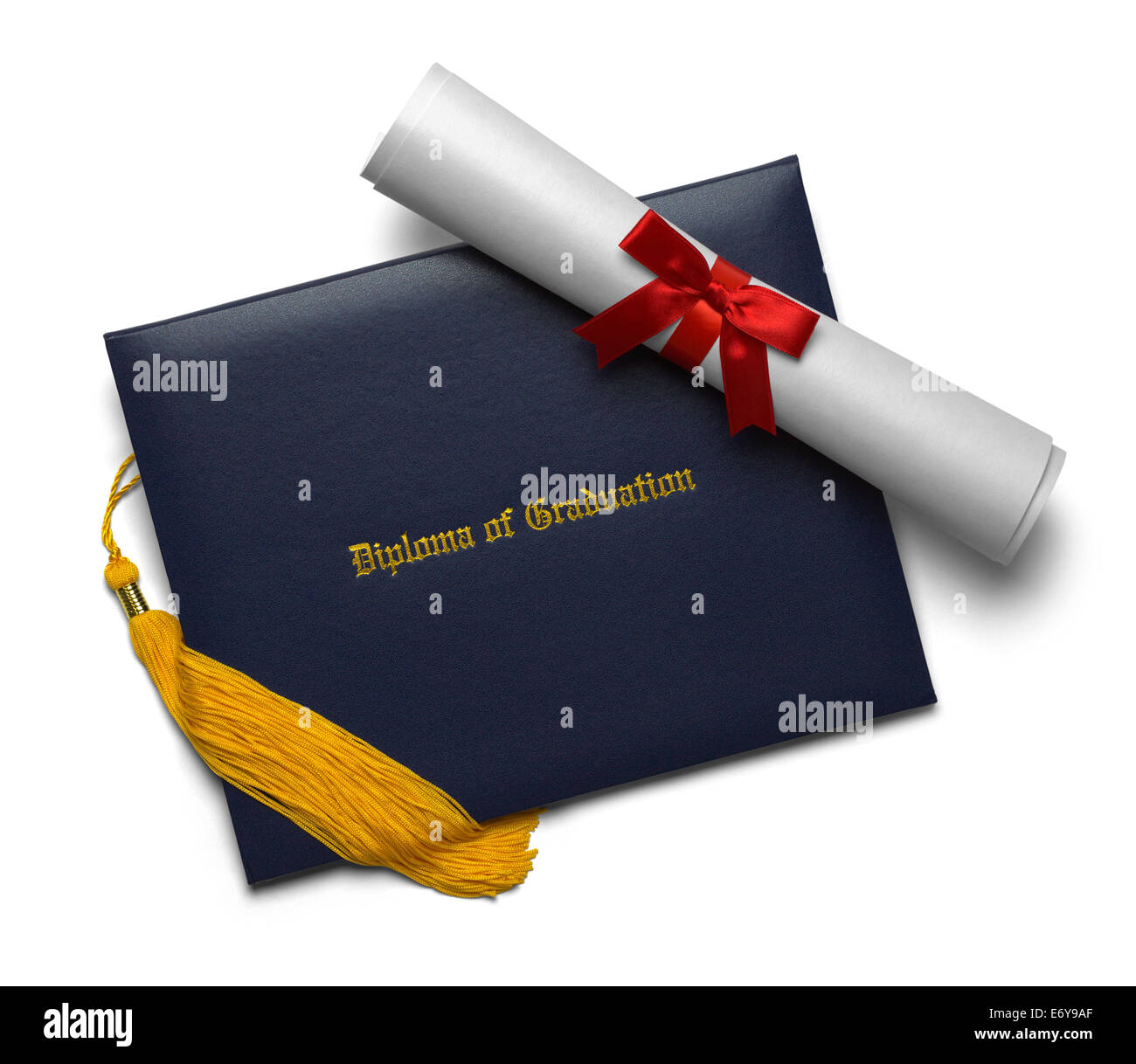 Blue Diploma of Graduation Cover with Degree Scroll and Tassel Isolated on White Background. Stock Photo