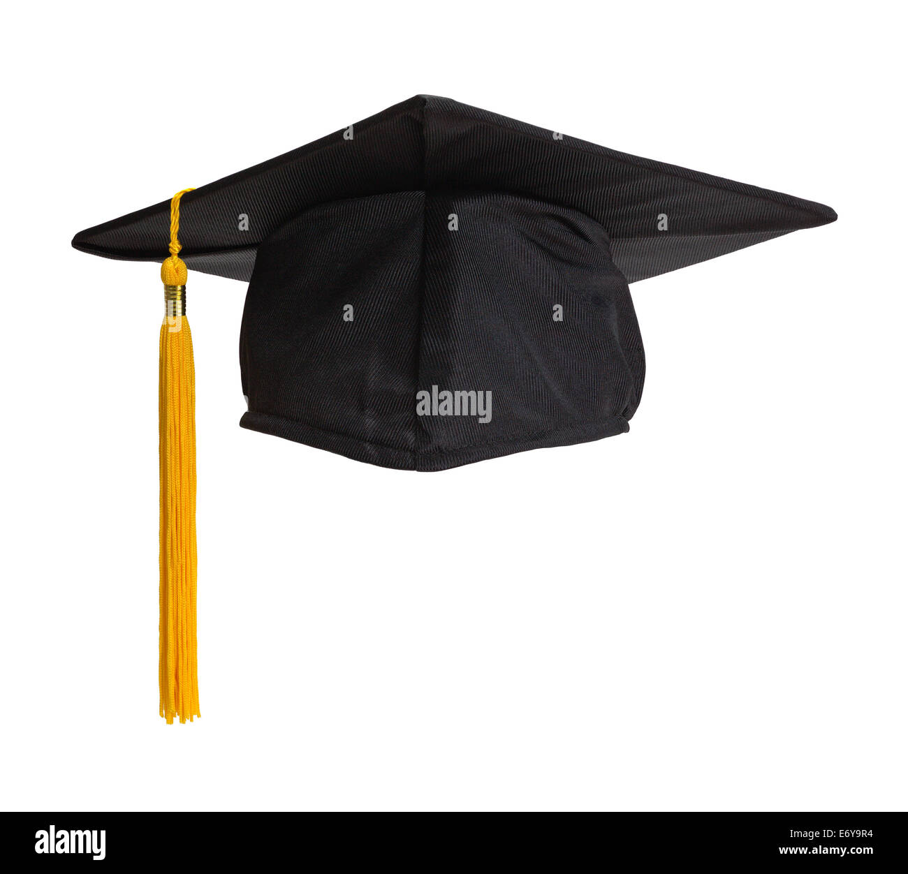 Black Graduation Hat with Gold Tassel Isolated on White Background. Stock Photo