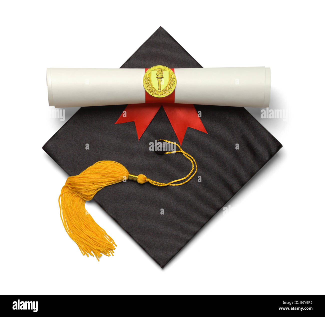 Black Graduation Hat with Gold Tassel and Diploma Isolated on White Background. Stock Photo