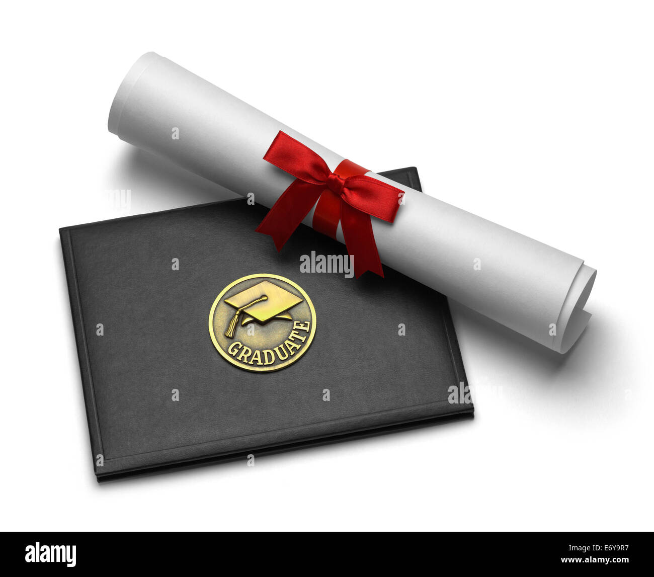 Black Diploma Cover with Rolled Degree Isolated on White Background. Stock Photo