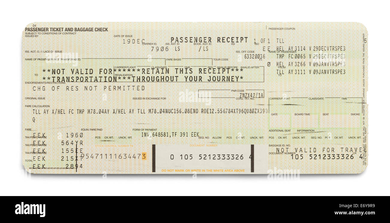 Airplane Passenger Ticket Receipt Isolated on White Background. Stock Photo