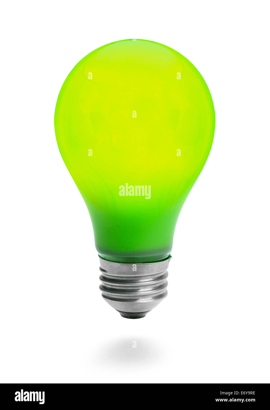 Green Light bulb Lit and Isolated on White Background. Stock Photo