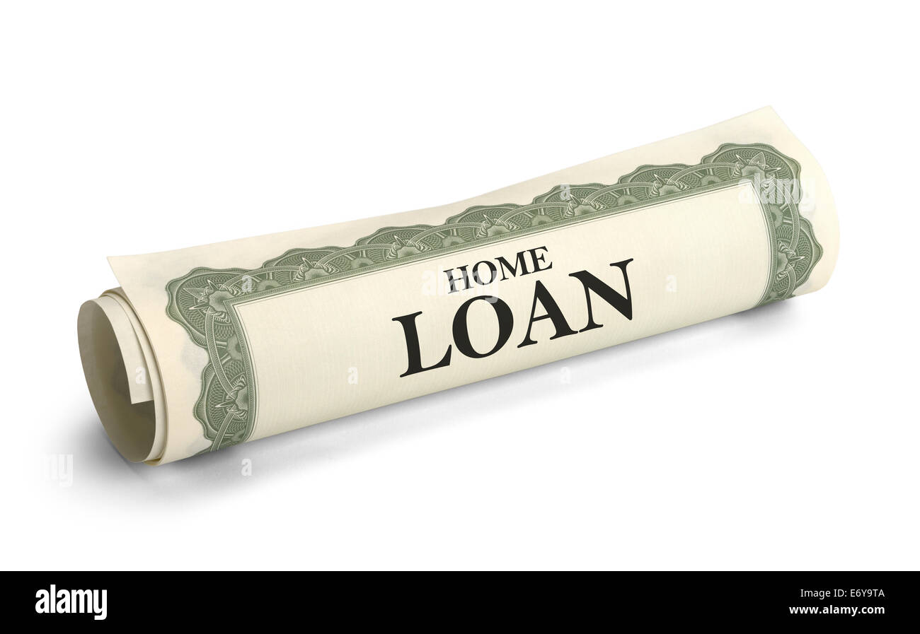 Rolled Up Home Loan Contract Isolated on White Background. Stock Photo