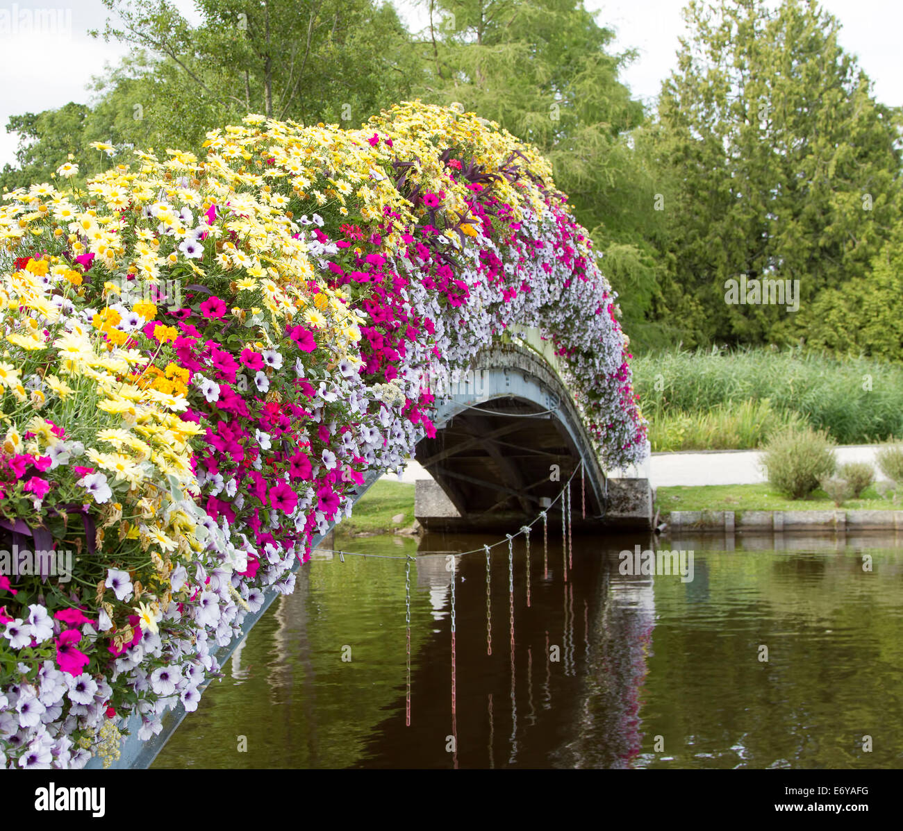 Flower lined bridge over lake Stock Photo Alamy