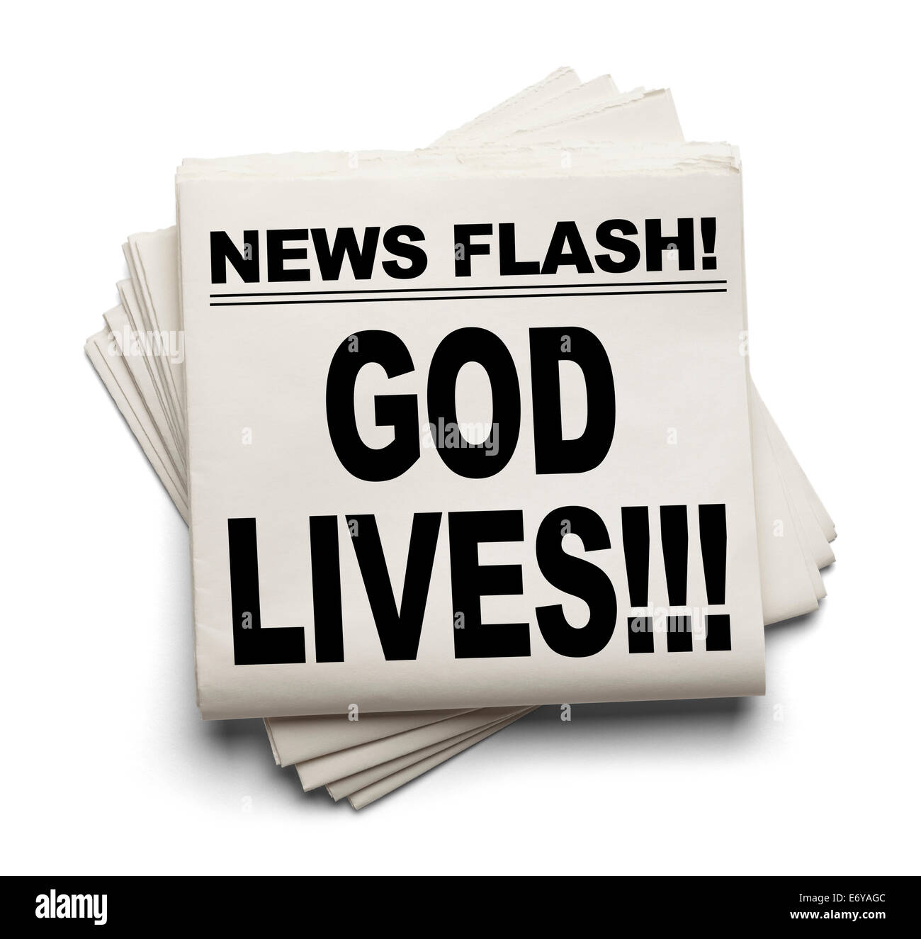News Flash God Lives News Paper Isolated on White Background. Stock Photo