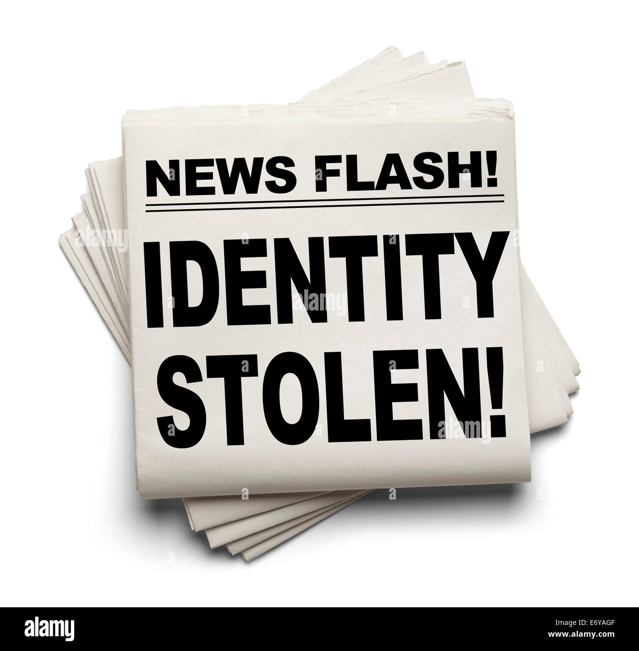 News Flash Identity Stolen News Paper Isolated on White Background. Stock Photo